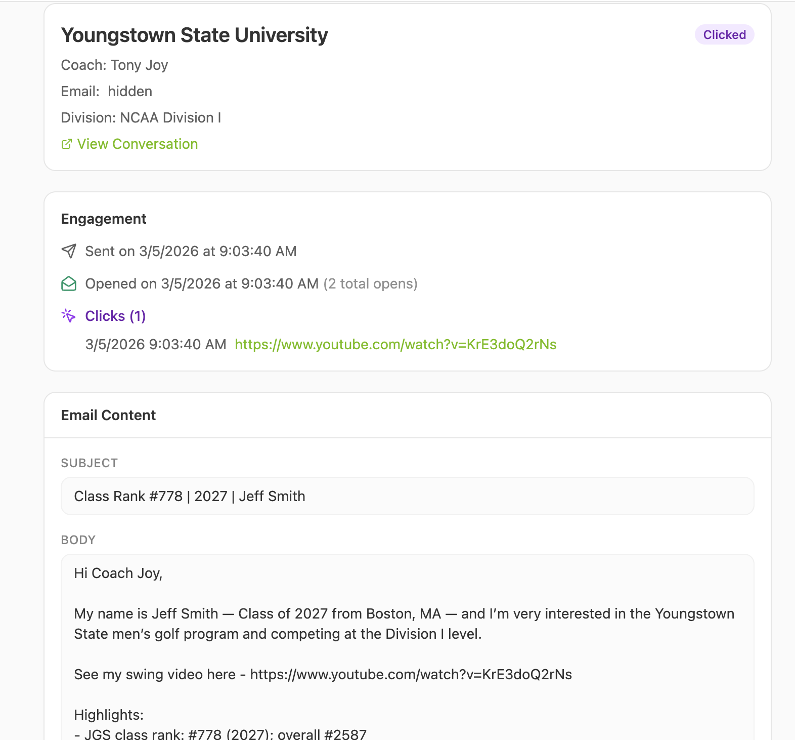 Coach email with open and click tracking showing engagement