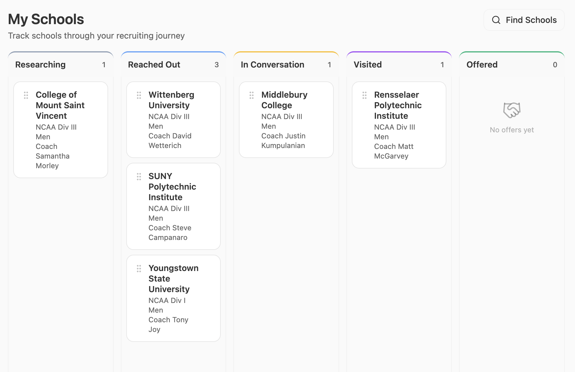 My Schools pipeline board showing schools organized by recruiting stage