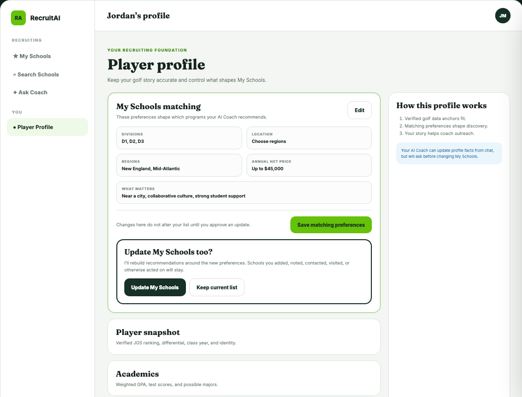 Player profile showing verified golf data and My Schools matching preferences