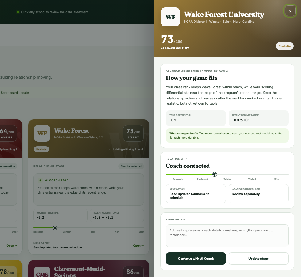 My Schools with a program open to show Golf Fit, AI Coach guidance, recruiting progress, and notes